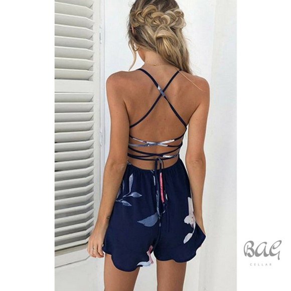 V Neck Floral Spaghetti Strap Romper Jumpsuit - Picture 3 of 5